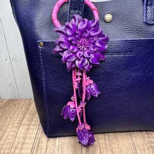 Purple Dahlia Leather Flower Purse Charm Genuine Leather Purple Flower Bag Charm